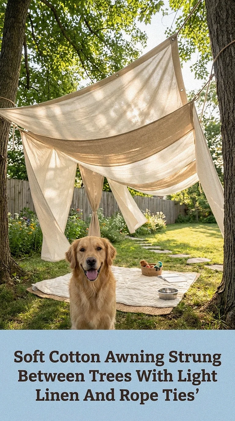 Soft Cotton Awning Strung Between Trees With Light Linen And Rope Ties