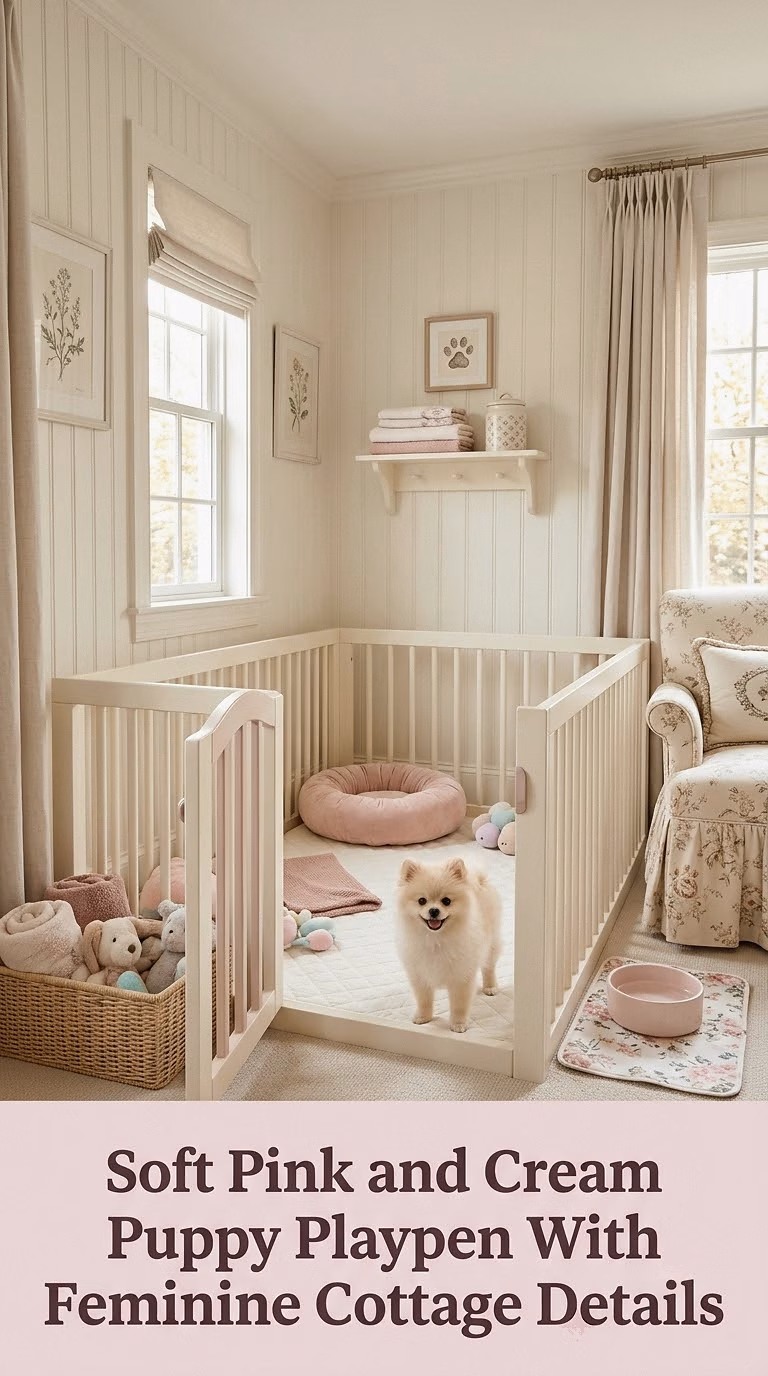 Soft Pink and Cream Puppy Playpen With Feminine Cottage Details