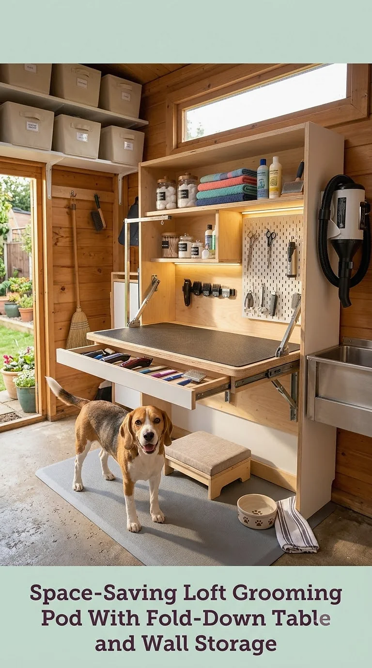 Space-Saving Loft Grooming Pod With Fold-Down Table and Wall Storage