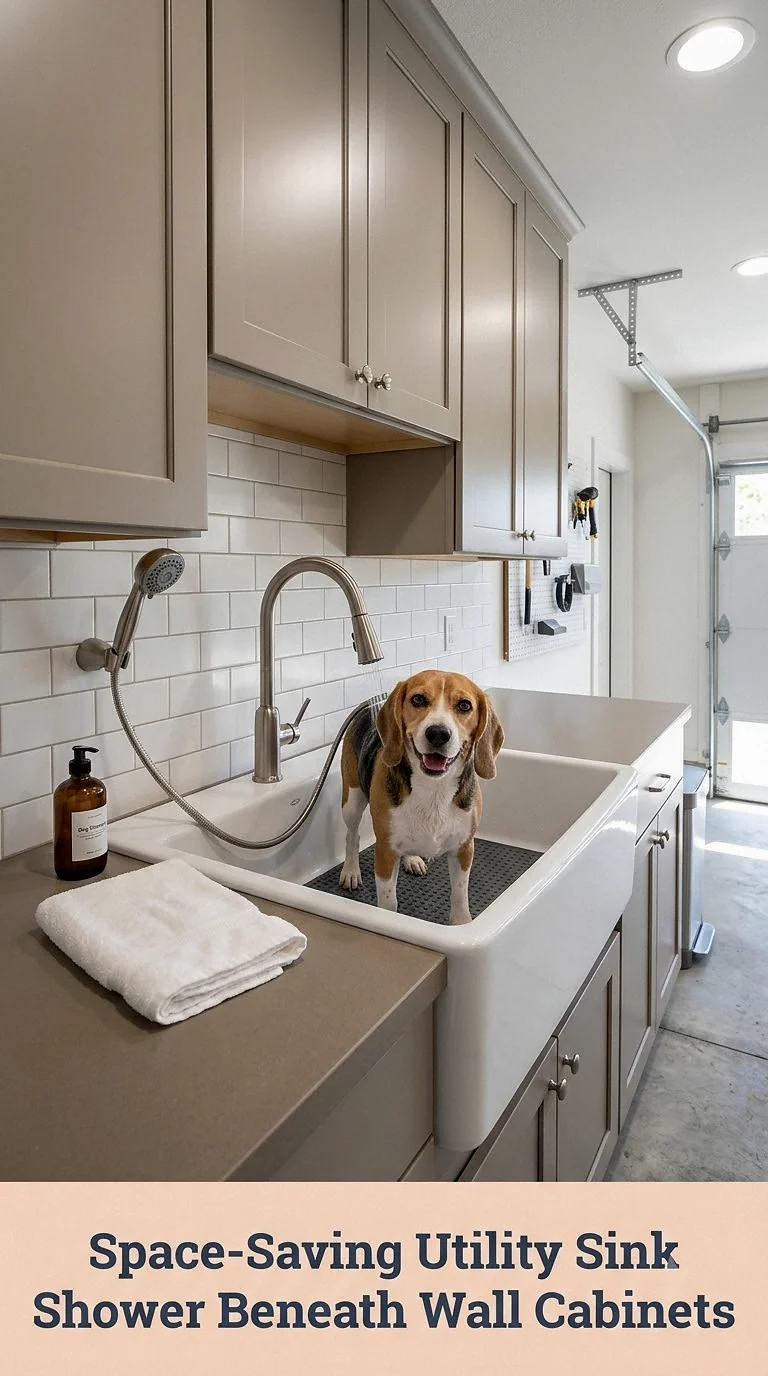 Space-Saving Utility Sink Shower Beneath Wall Cabinets