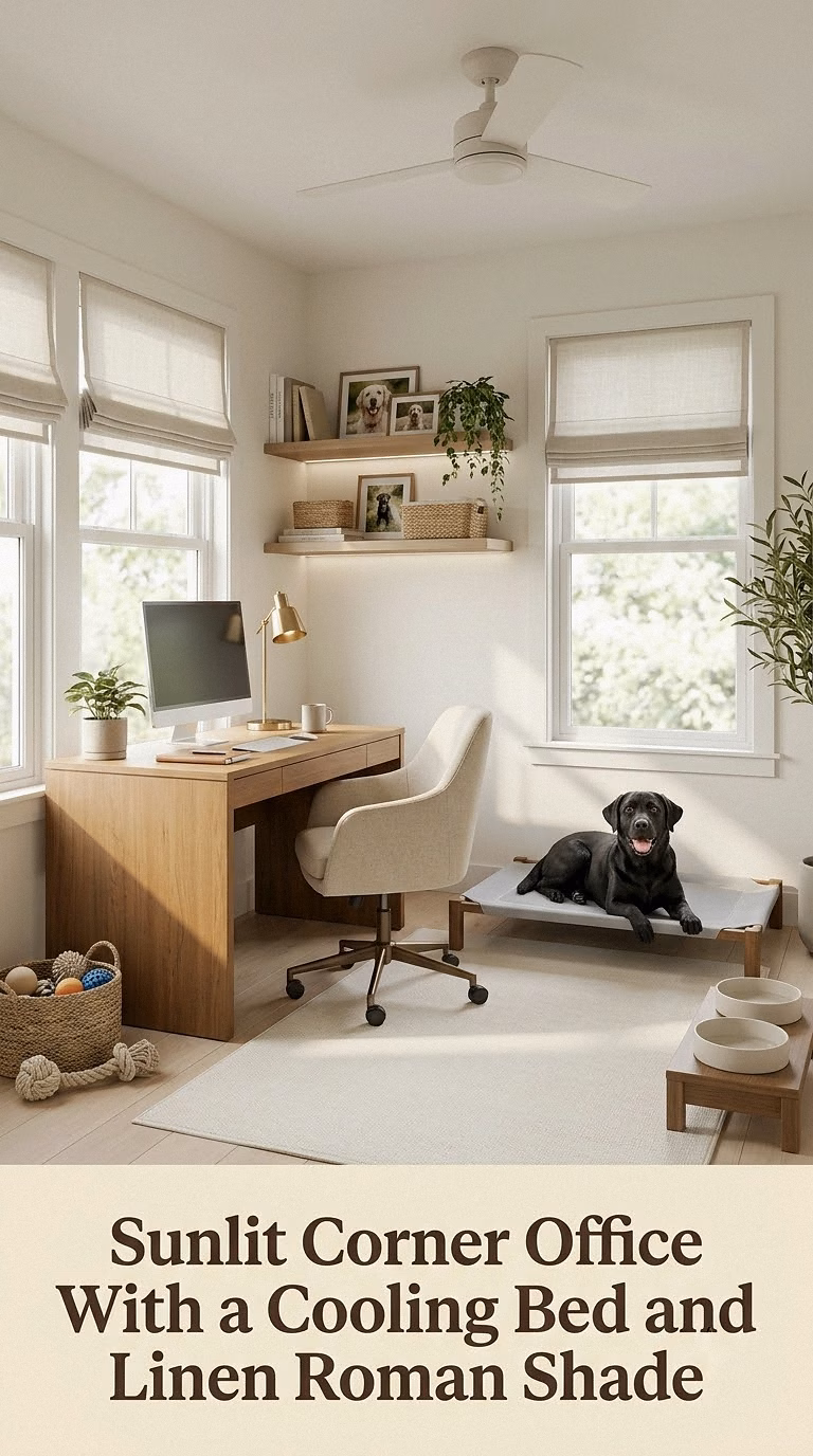 Sunlit Corner Office With a Cooling Bed and Linen Roman Shade