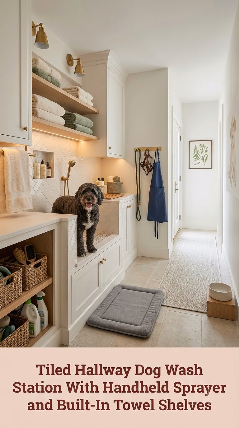 11. Tiled Hallway Dog Wash Station With Handheld Sprayer and Built-In Towel Shelves