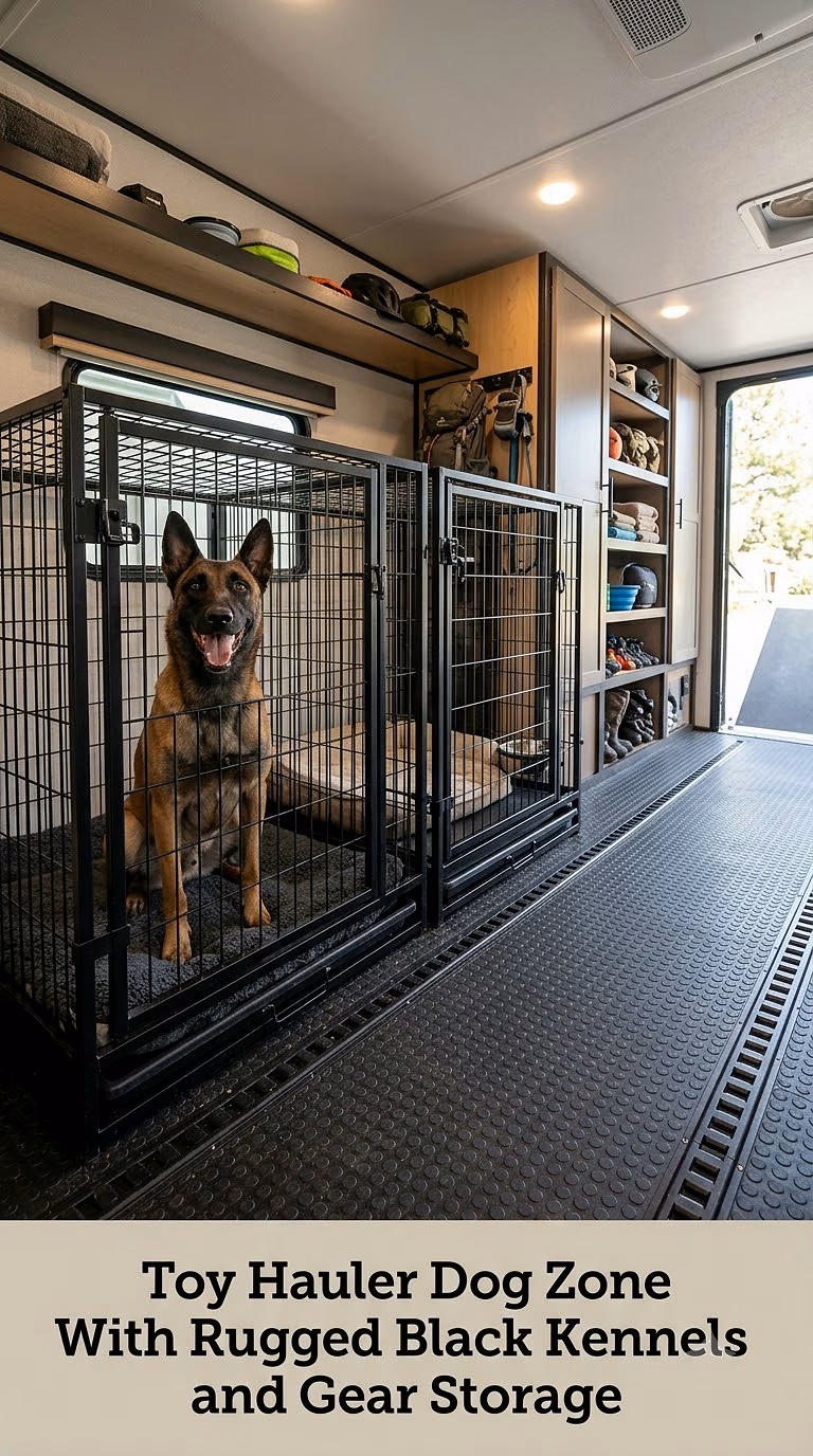 Toy Hauler Dog Zone With Rugged Black Kennels and Gear Storage