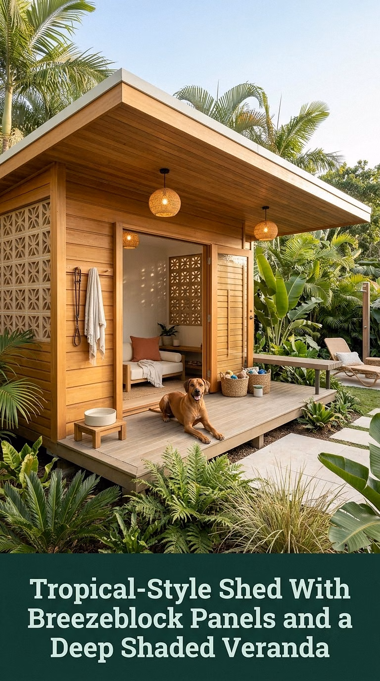 11. Tropical-Style Shed With Breezeblock Panels and a Deep Shaded Veranda