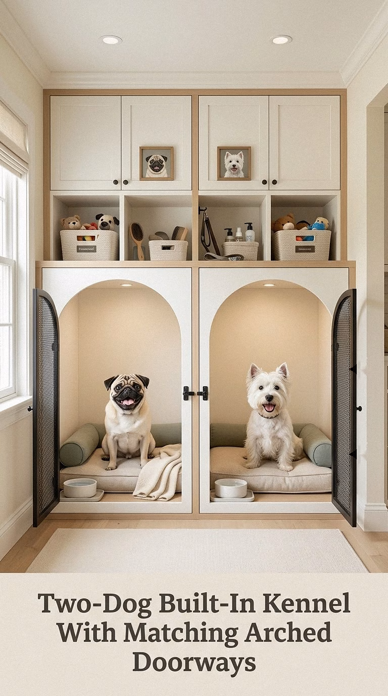 Two-Dog Built-In Kennel With Matching Arched Doorways