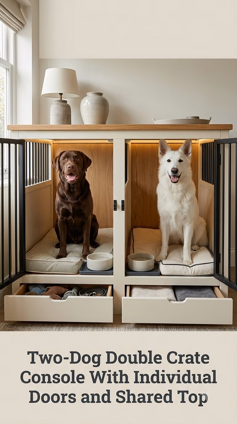 Two-Dog Double Crate Console With Individual Doors and Shared Top