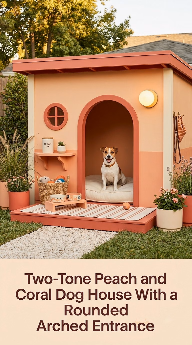 11. Two-Tone Peach and Coral Dog House With a Rounded Arched Entrance