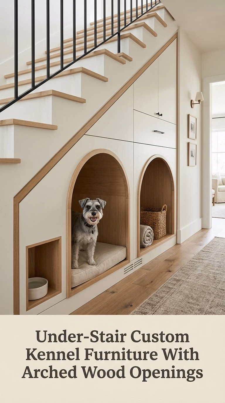 Under-Stair Custom Kennel Furniture With Arched Wood Openings