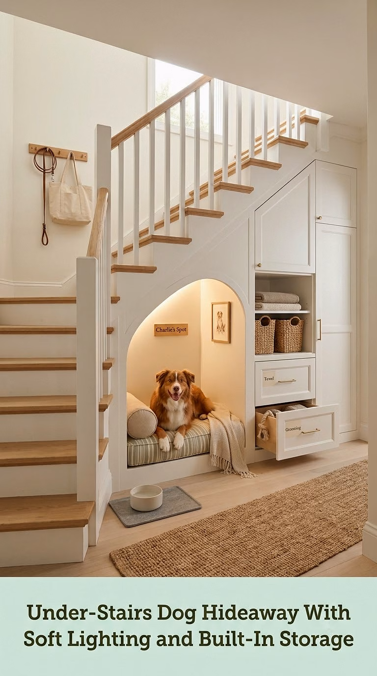 11. Under-Stairs Dog Hideaway With Soft Lighting and Built-In Storage