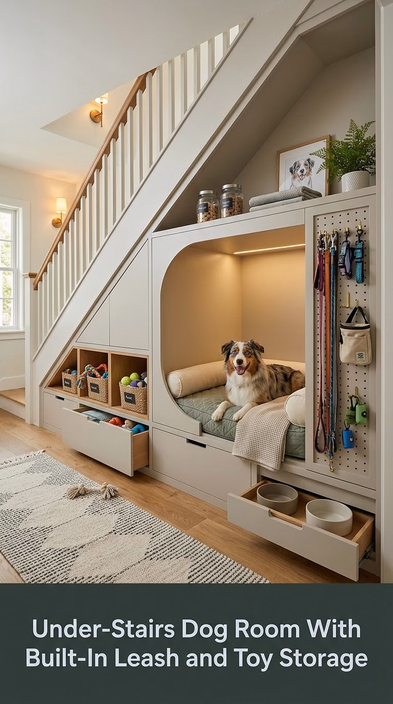 11. Under-Stairs Dog Room With Built-In Leash and Toy Storage