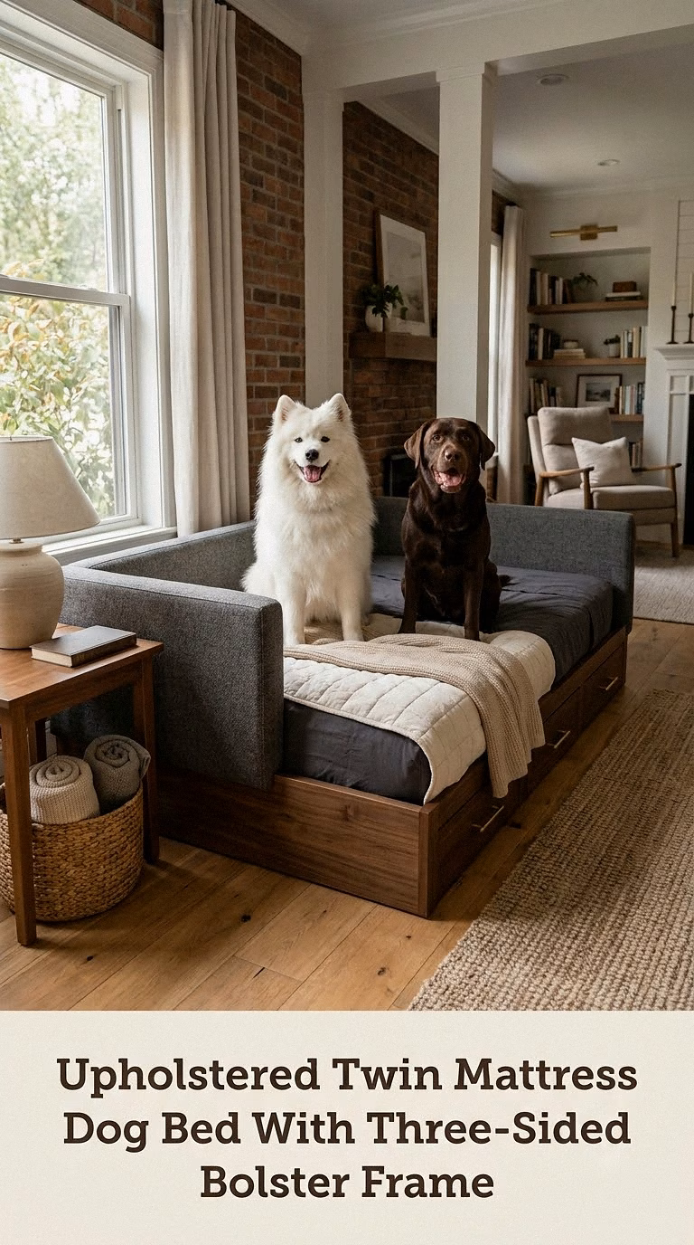Upholstered Twin Mattress Dog Bed With Three-Sided Bolster Frame