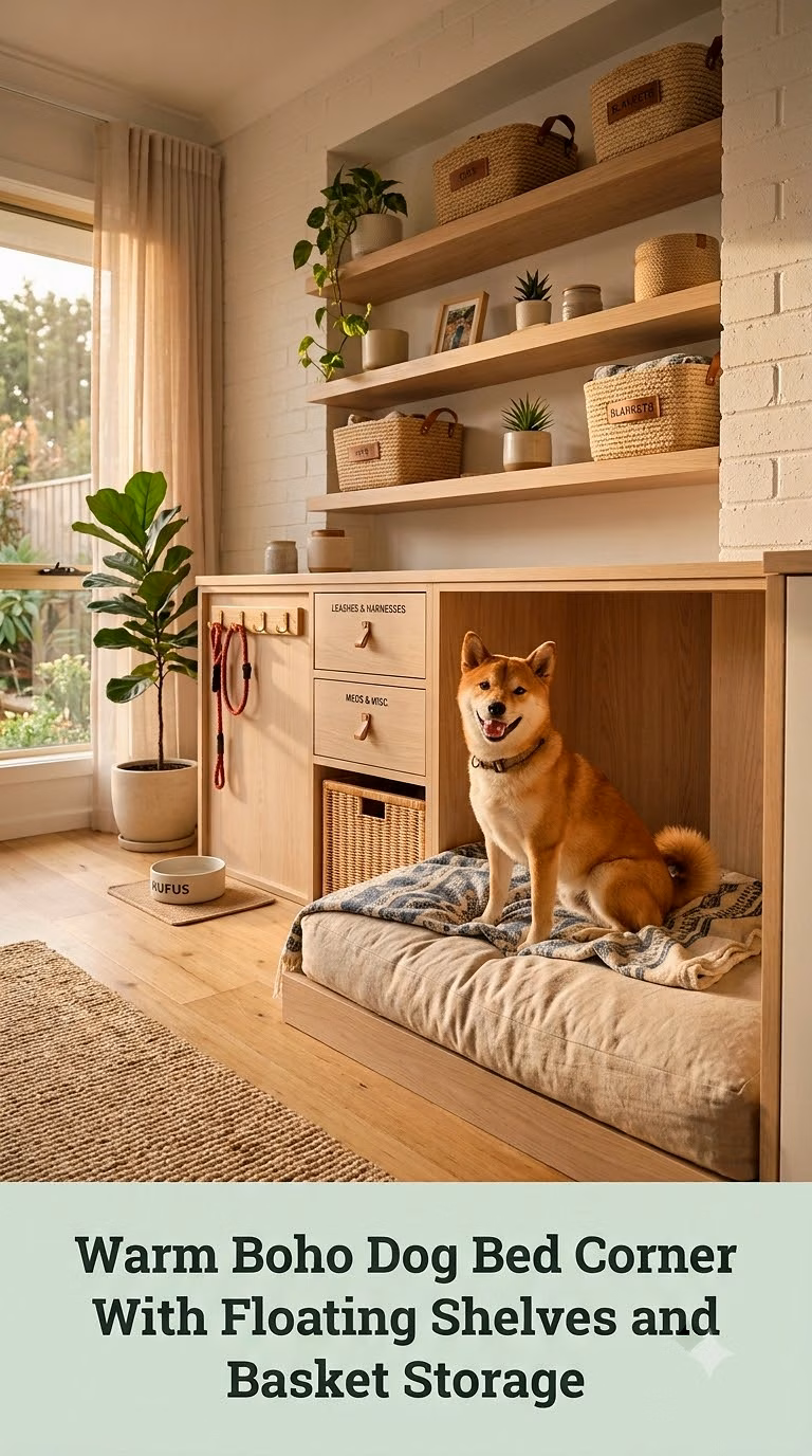 Warm Boho Dog Bed Corner With Floating Shelves and Basket Storage
