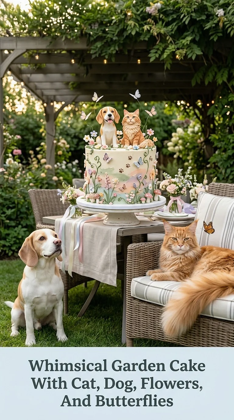 Whimsical Garden Cake With Cat, Dog, Flowers, And Butterflies