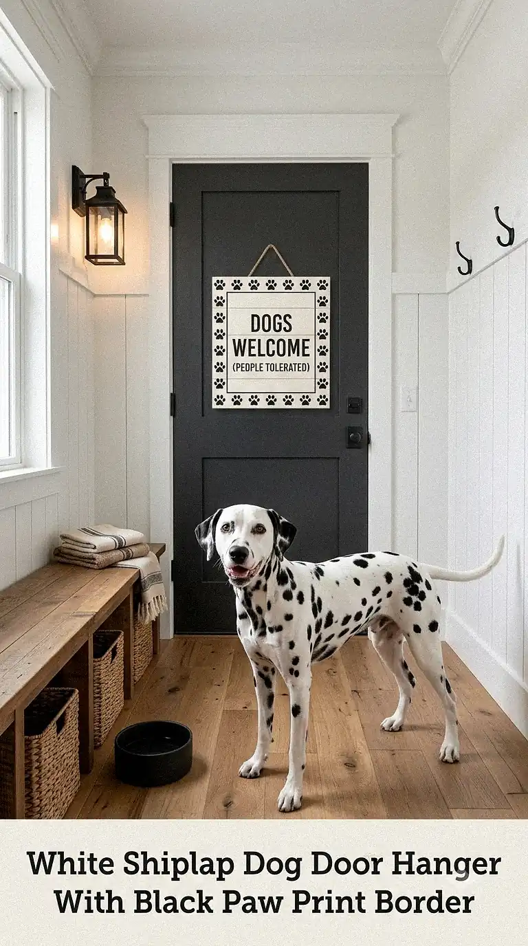 White Shiplap Dog Door Hanger With Black Paw Print Border