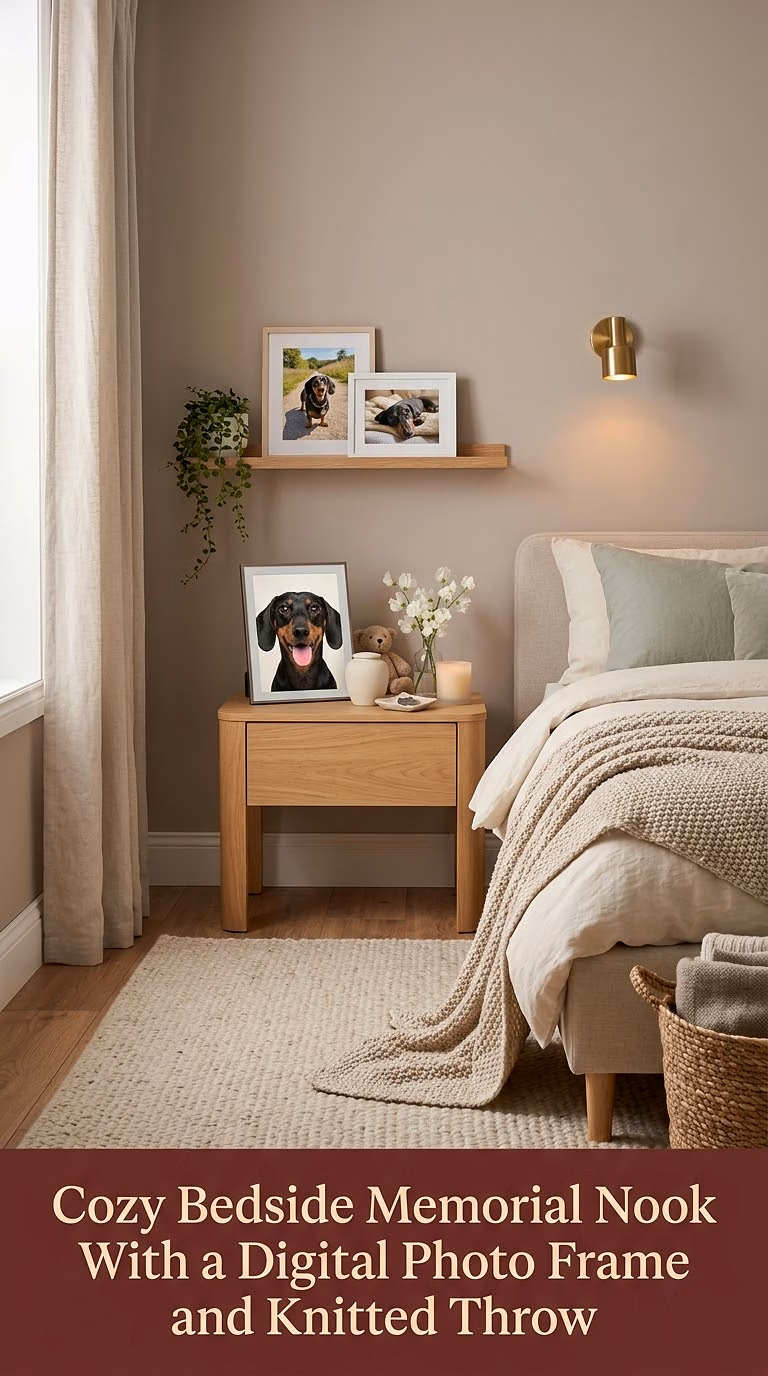 12. Cozy Bedside Memorial Nook With a Digital Photo Frame and Knitted Throw