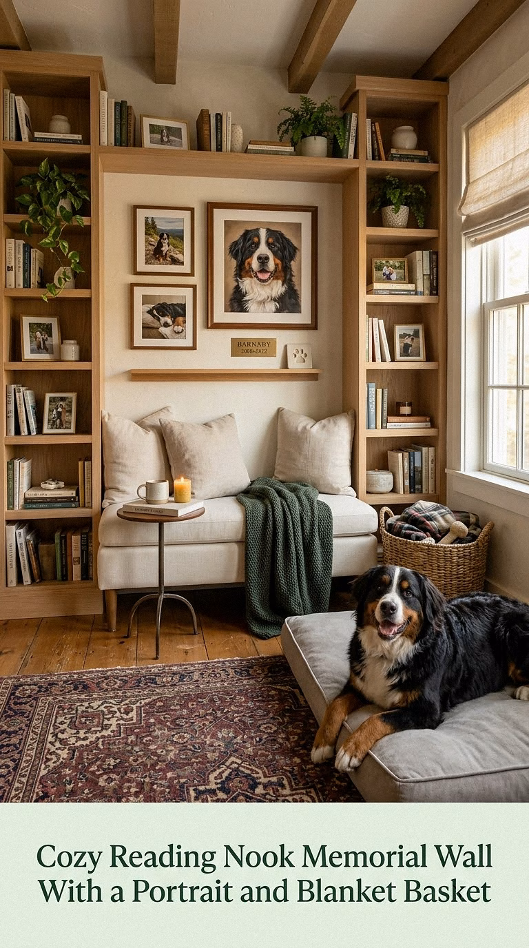 12. Cozy Reading Nook Memorial Wall With a Portrait and Blanket Basket