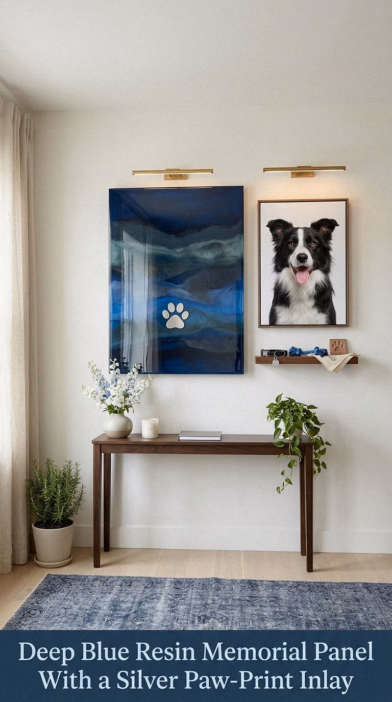 12. Deep Blue Resin Memorial Panel With a Silver Paw-Print Inlay