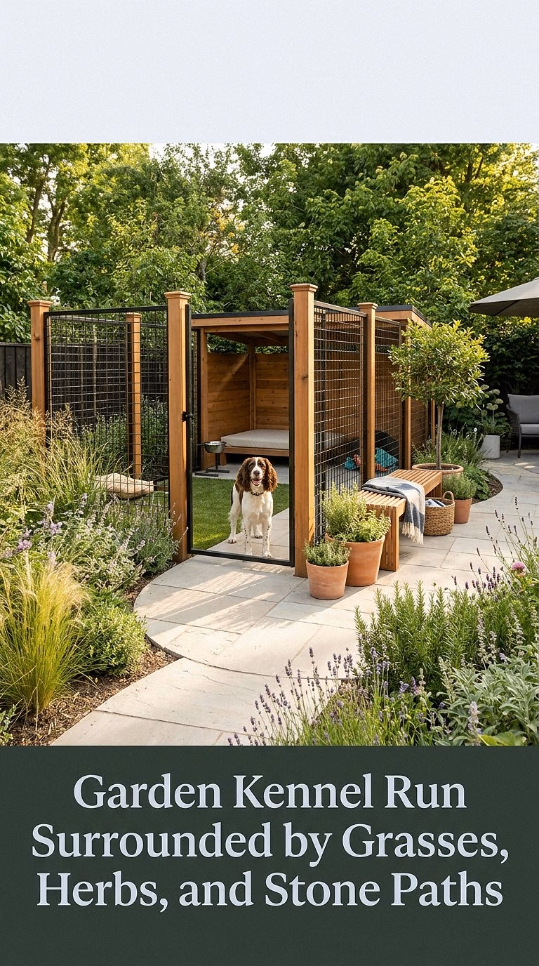 12. Garden Kennel Run Surrounded by Grasses, Herbs, and Stone Paths