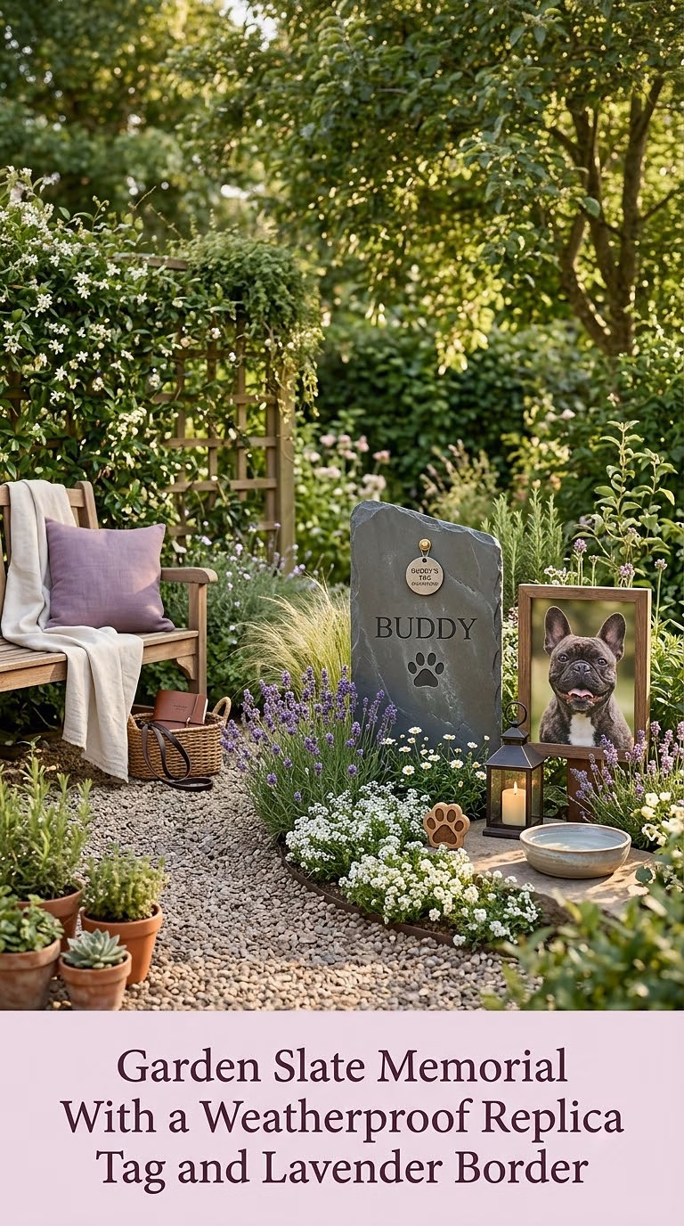 12. Garden Slate Memorial With a Weatherproof Replica Tag and Lavender Border