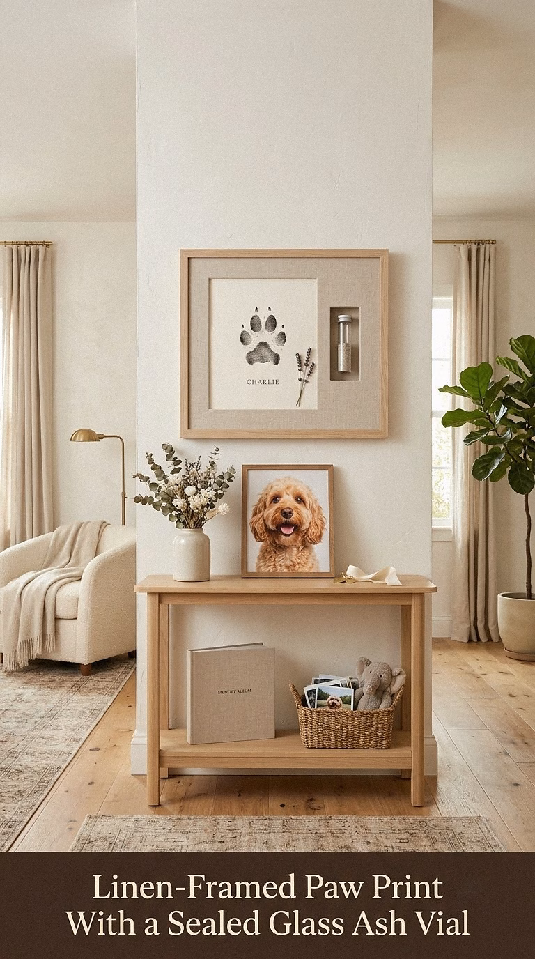 12. Linen-Framed Paw Print With a Sealed Glass Ash Vial