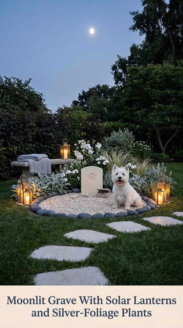 12. Moonlit Grave With Solar Lanterns and Silver-Foliage Plants