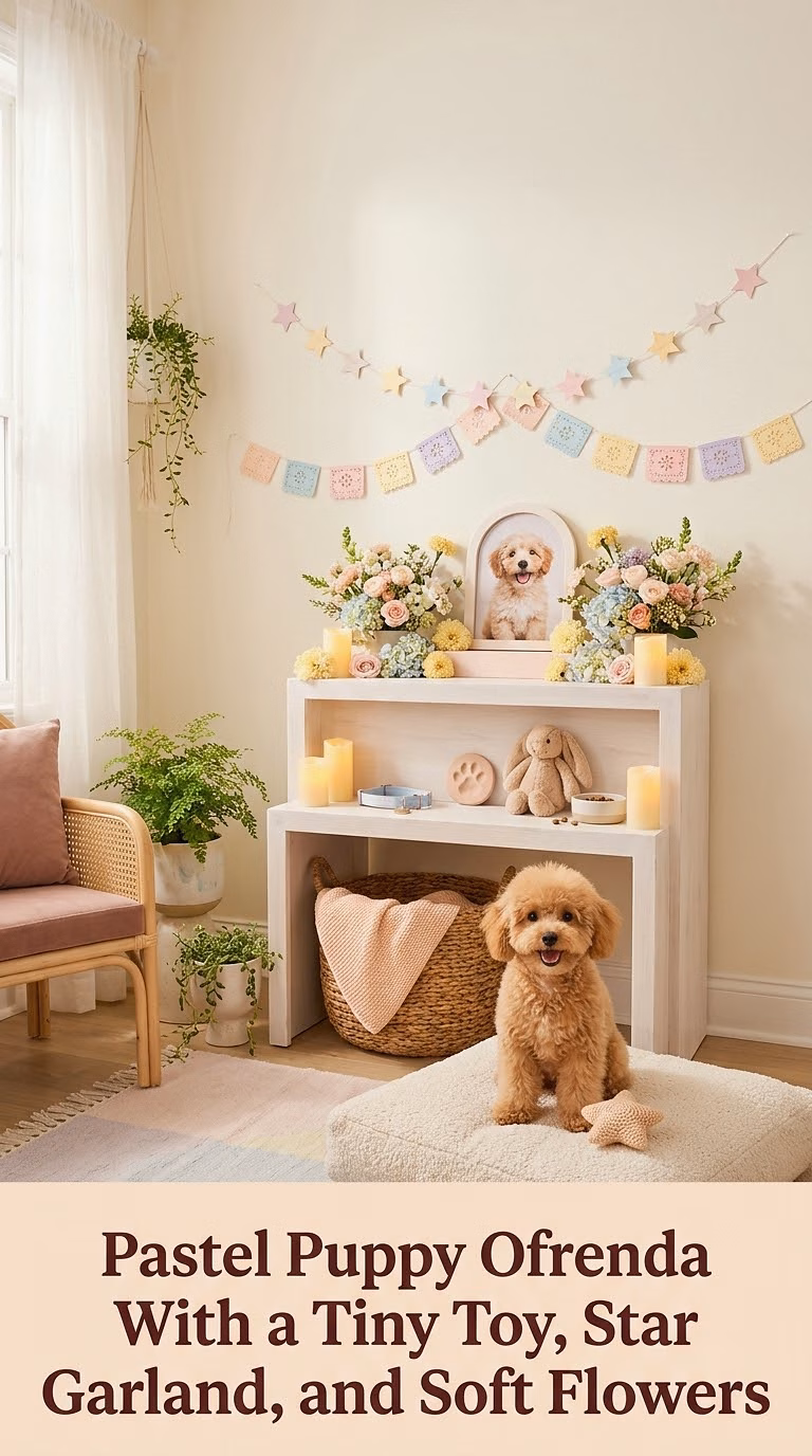 12. Pastel Puppy Ofrenda With a Tiny Toy, Star Garland, and Soft Flowers