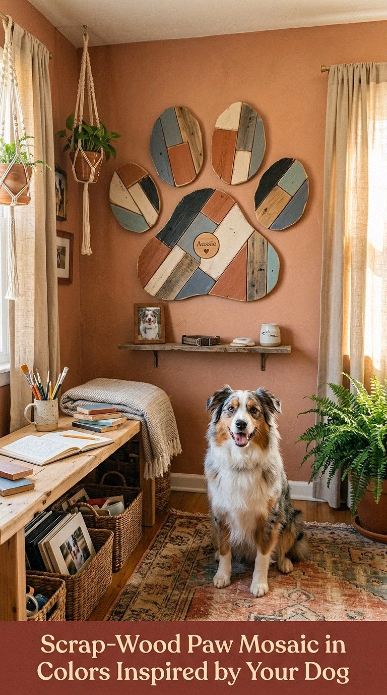 12. Scrap-Wood Paw Mosaic in Colors Inspired by Your Dog
