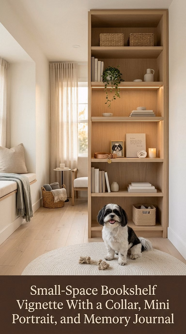 12. Small-Space Bookshelf Vignette With a Collar, Mini Portrait, and Memory Journal