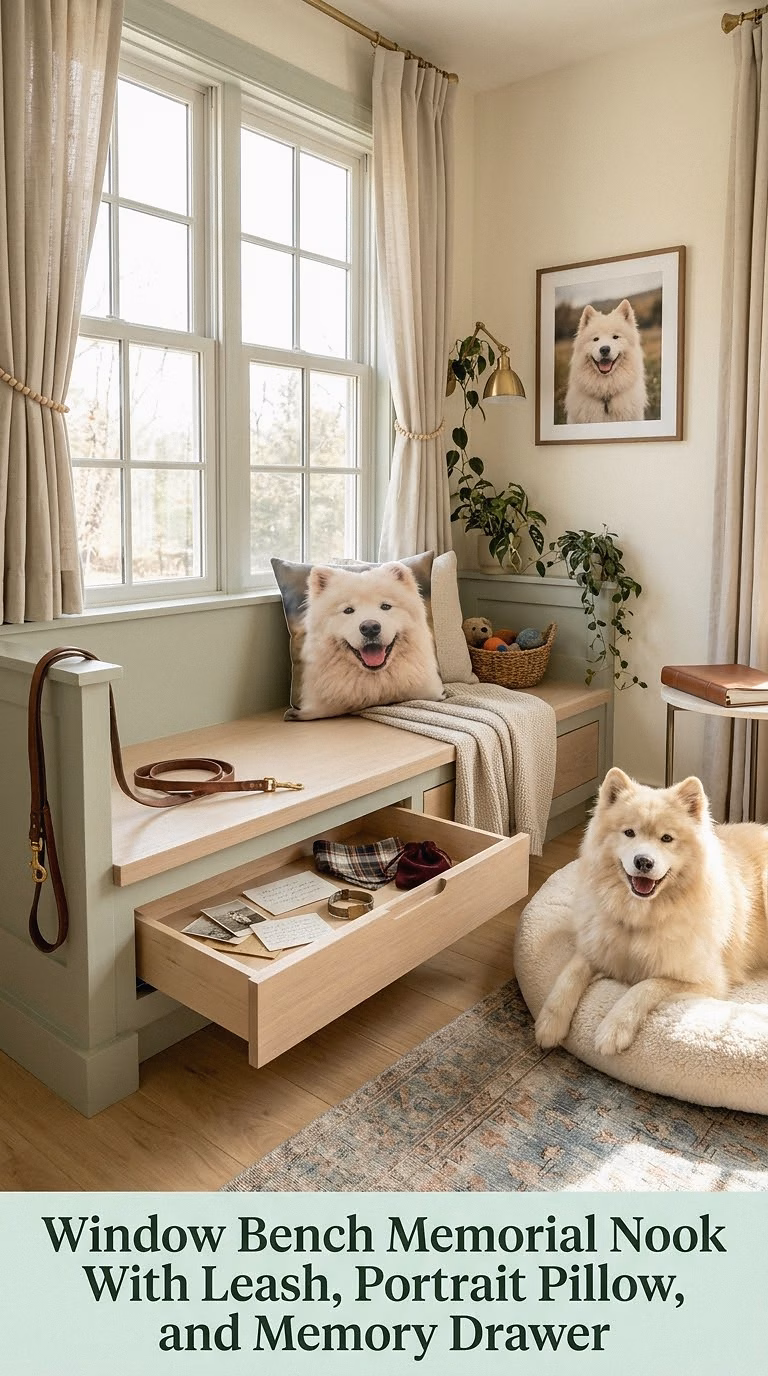 12. Window Bench Memorial Nook With Leash, Portrait Pillow, and Memory Drawer