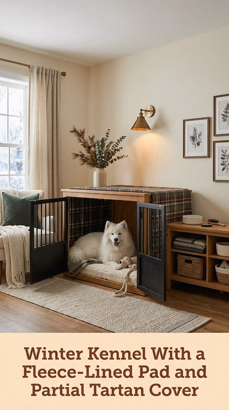 12. Winter Kennel With a Fleece-Lined Pad and Partial Tartan Cover