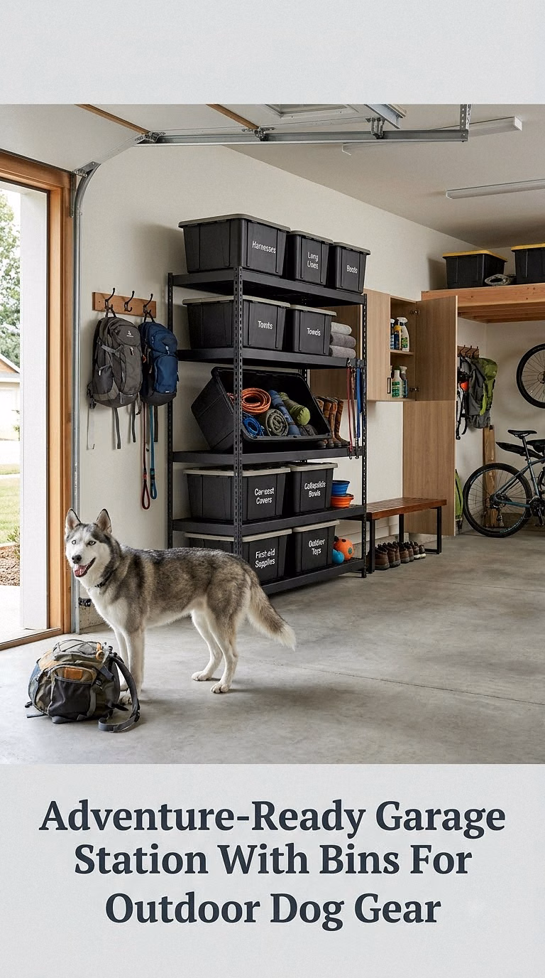 Adventure-Ready Garage Station With Bins For Outdoor Dog Gear