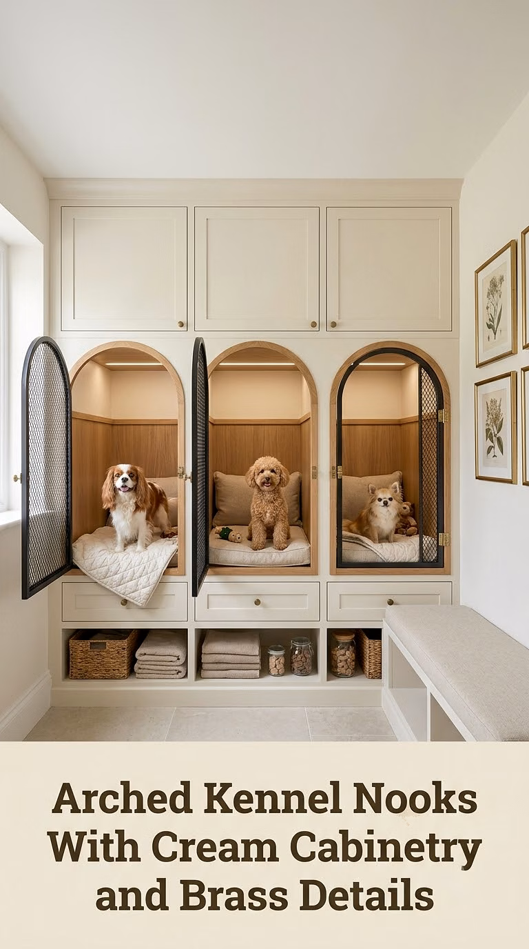 Arched Kennel Nooks With Cream Cabinetry and Brass Details
