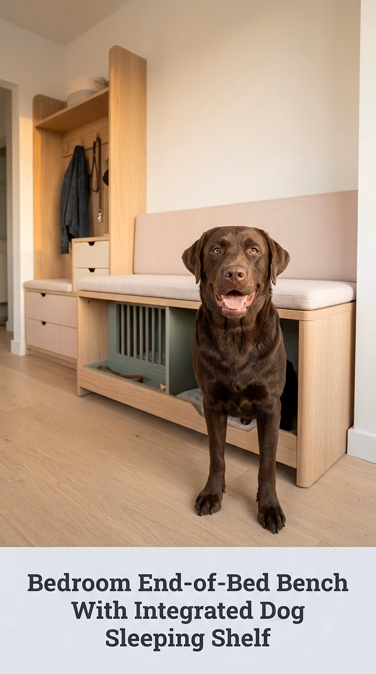 Bedroom End-of-Bed Bench With Integrated Dog Sleeping Shelf