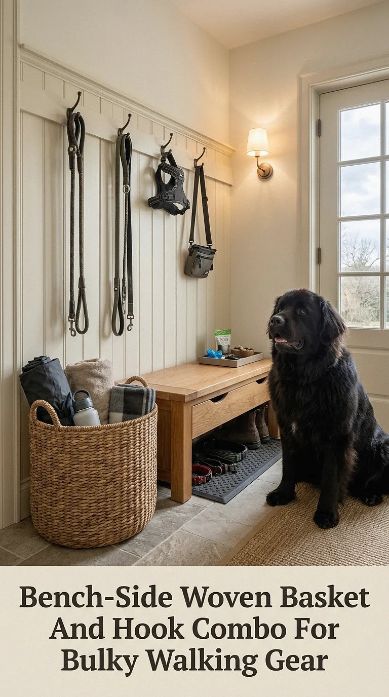 Bench-Side Woven Basket And Hook Combo For Bulky Walking Gear