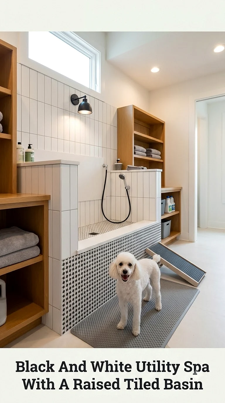 Black And White Utility Spa With A Raised Tiled Basin