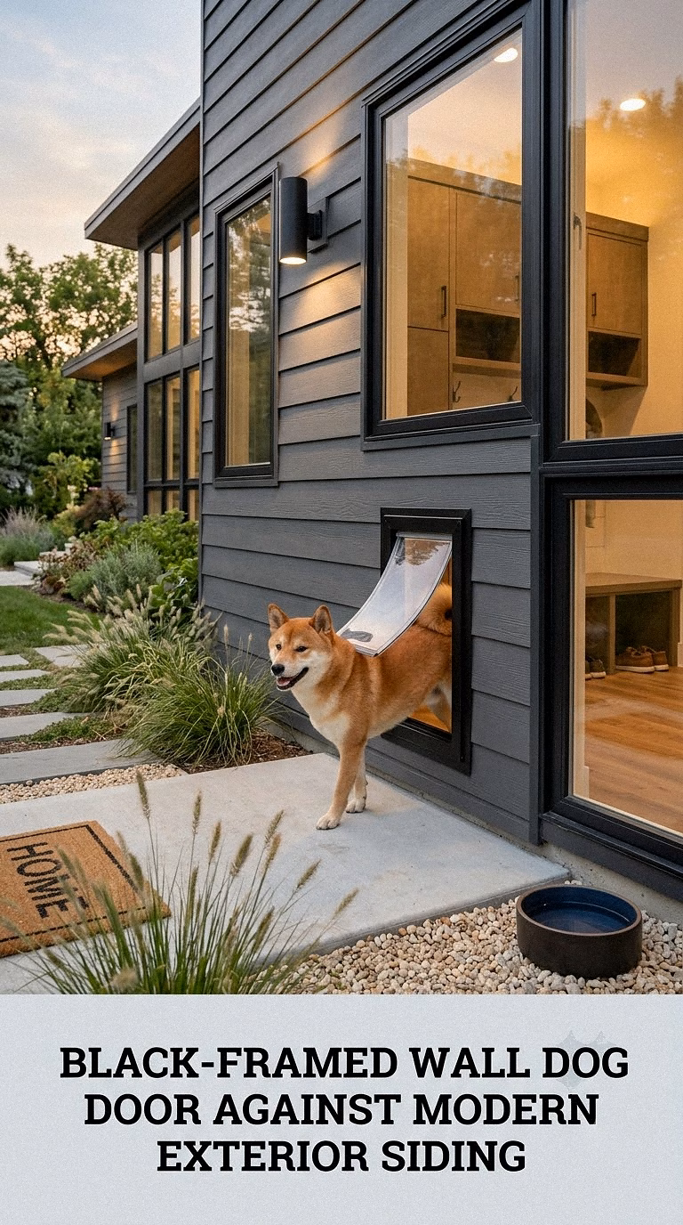 Black-Framed Wall Dog Door Against Modern Exterior Siding