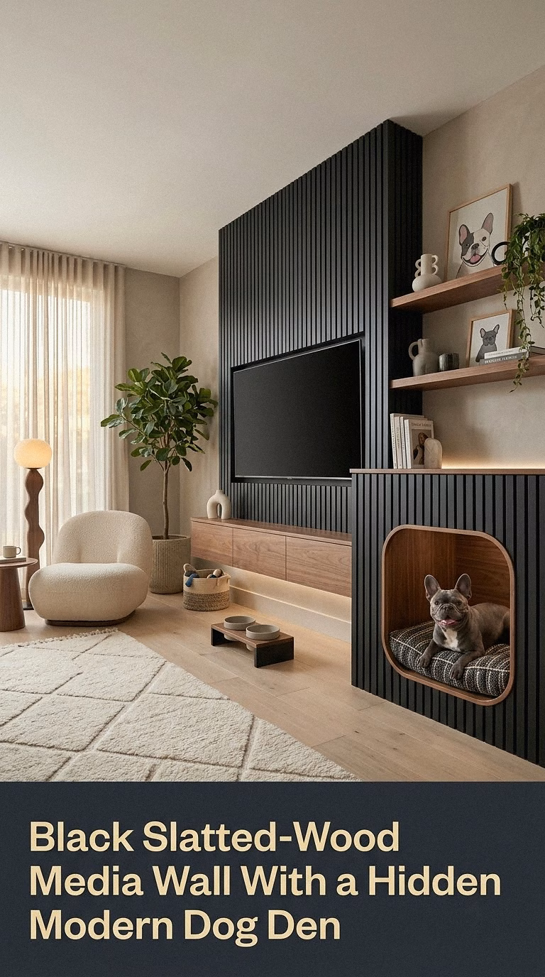 12. Black Slatted-Wood Media Wall With a Hidden Modern Dog Den