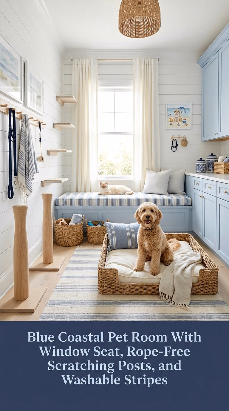 12. Blue Coastal Pet Room With Window Seat, Rope-Free Scratching Posts, and Washable Stripes