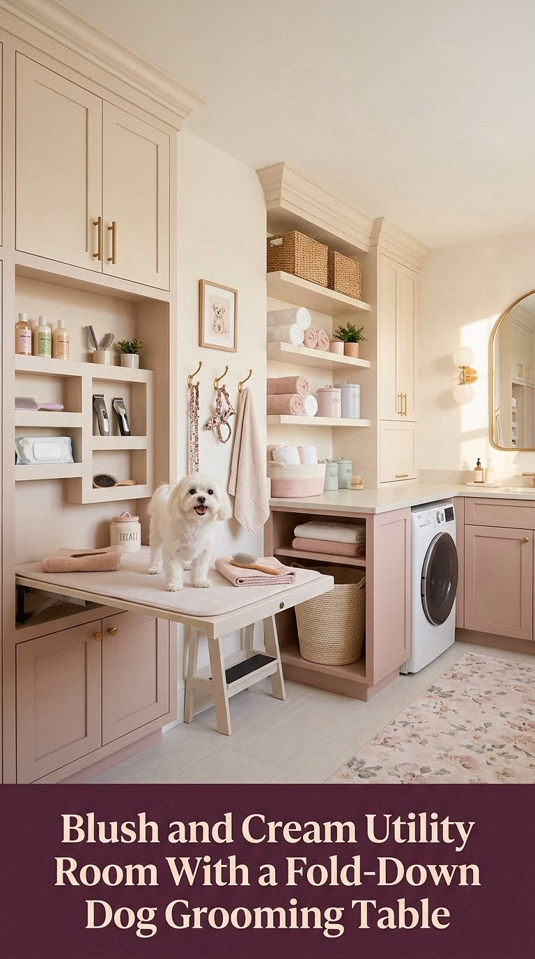 12. Blush and Cream Utility Room With a Fold-Down Dog Grooming Table