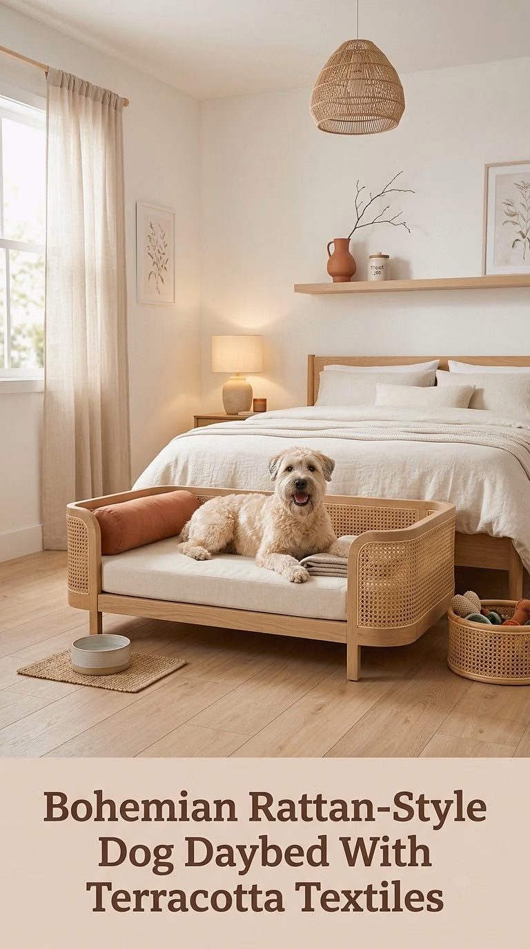 Bohemian Rattan-Style Dog Daybed With Terracotta Textiles