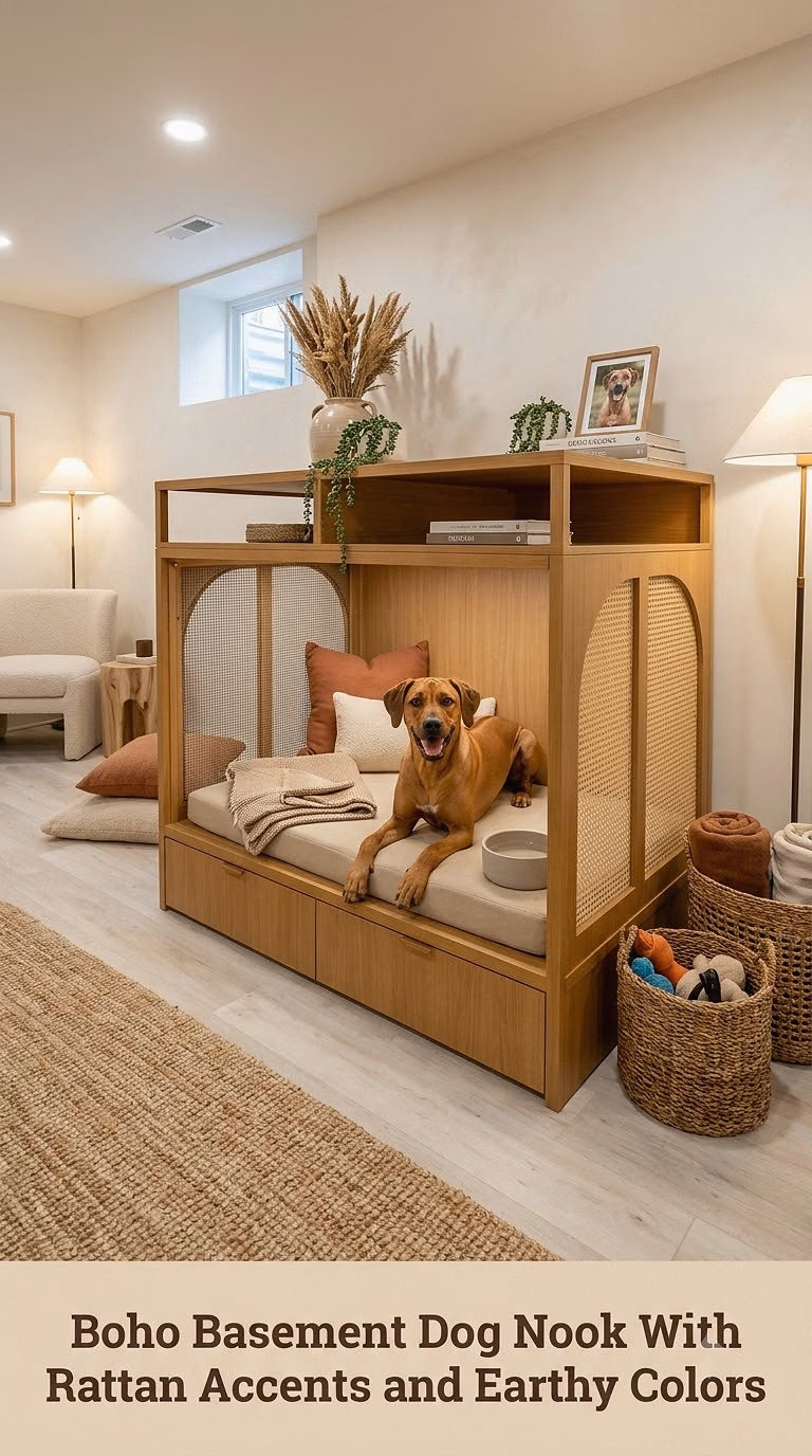Boho Basement Dog Nook With Rattan Accents and Earthy Colors