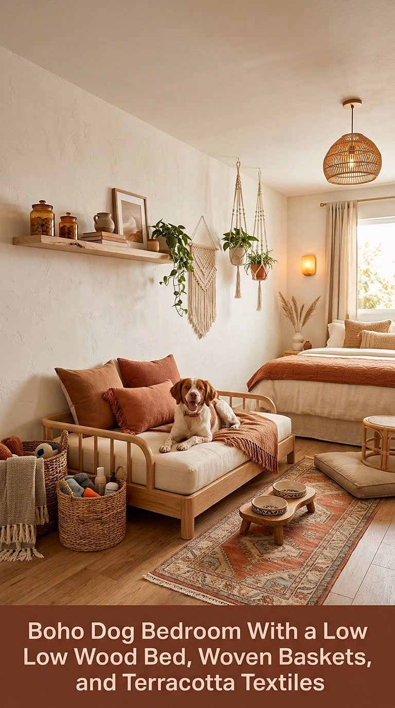 12. Boho Dog Bedroom With a Low Wood Bed, Woven Baskets, and Terracotta Textiles
