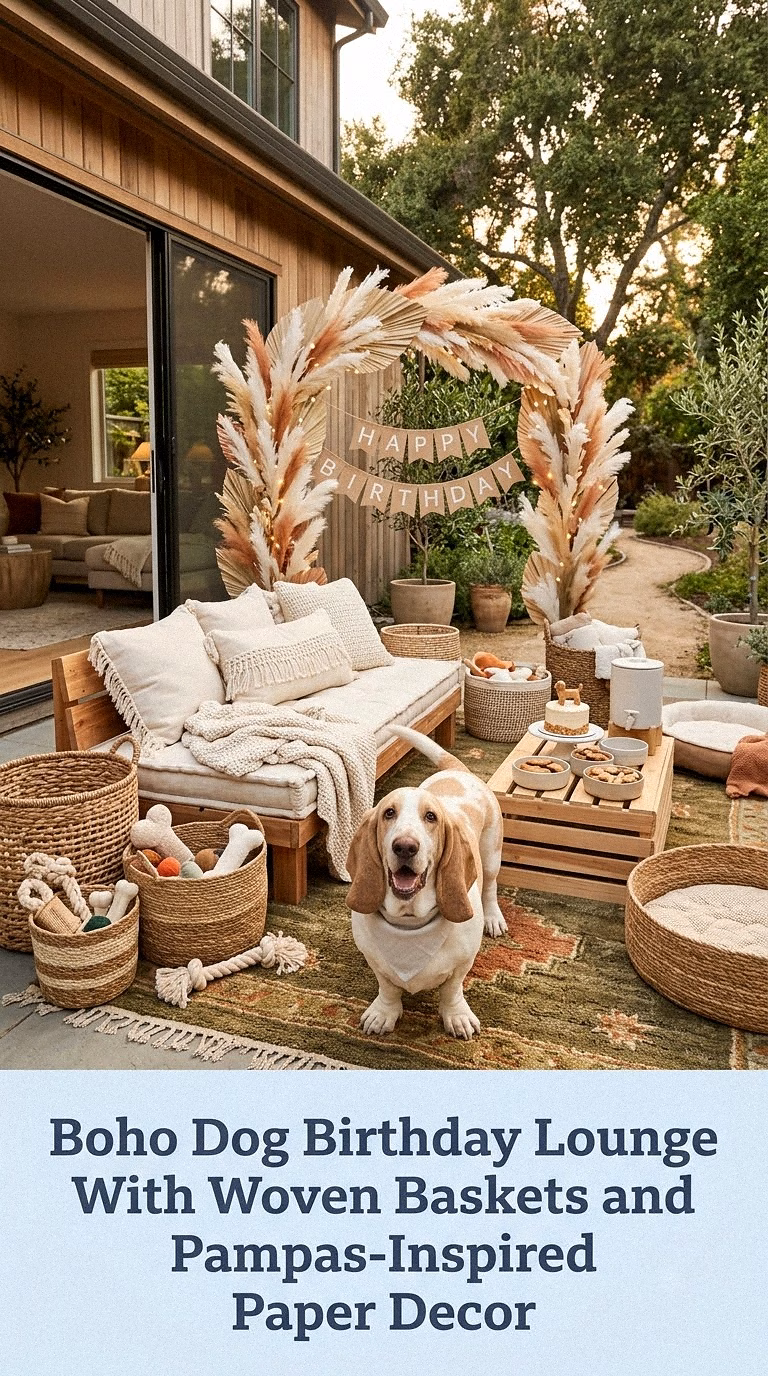 Boho Dog Birthday Lounge With Woven Baskets and Pampas-Inspired Paper Decor