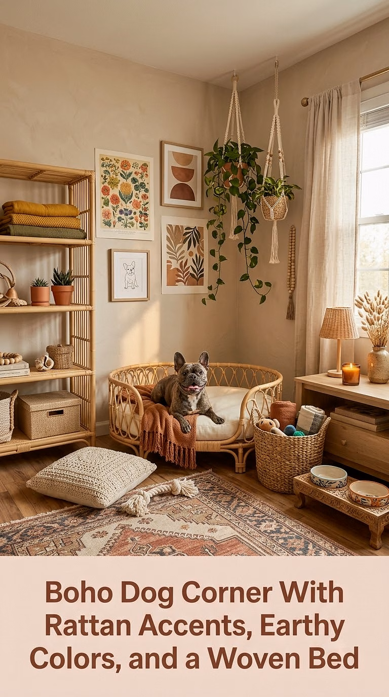 12. Boho Dog Corner With Rattan Accents, Earthy Colors, and a Woven Bed
