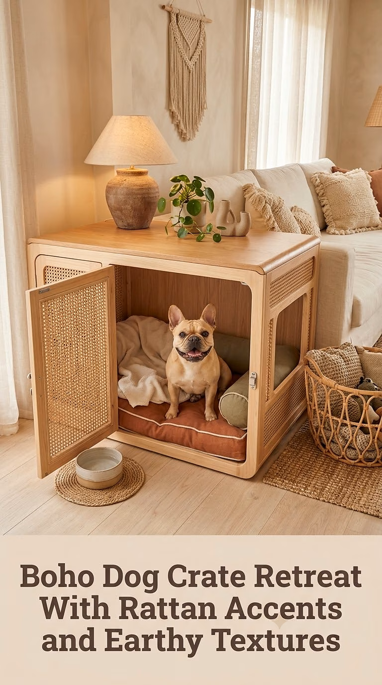 Boho Dog Crate Retreat With Rattan Accents and Earthy Textures