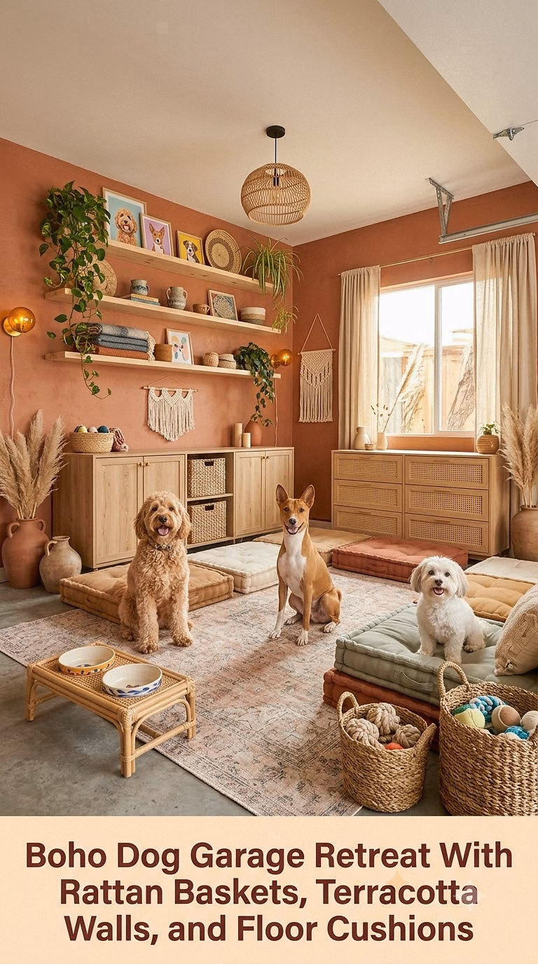 12. Boho Dog Garage Retreat With Rattan Baskets, Terracotta Walls, and Floor Cushions