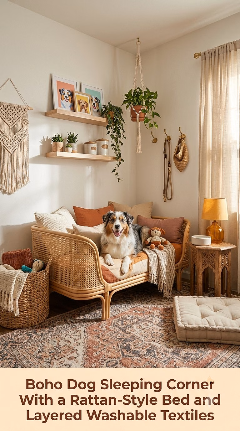 12. Boho Dog Sleeping Corner With a Rattan-Style Bed and Layered Washable Textiles