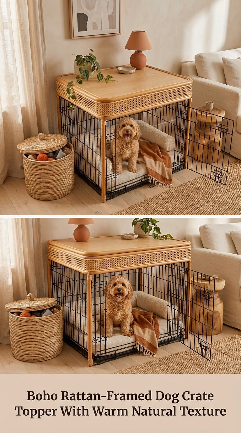 Boho Rattan-Framed Dog Crate Topper With Warm Natural Texture