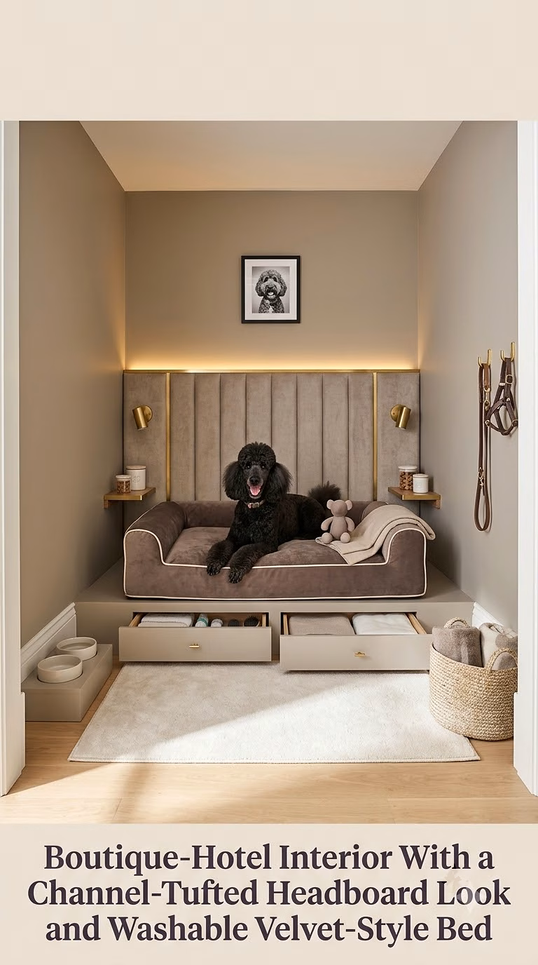12. Boutique-Hotel Interior With a Channel-Tufted Headboard Look and Washable Velvet-Style Bed