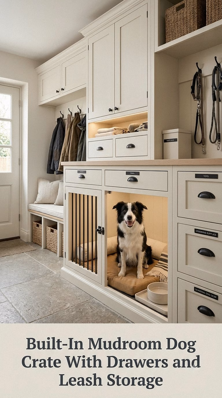 Built-In Mudroom Dog Crate With Drawers and Leash Storage